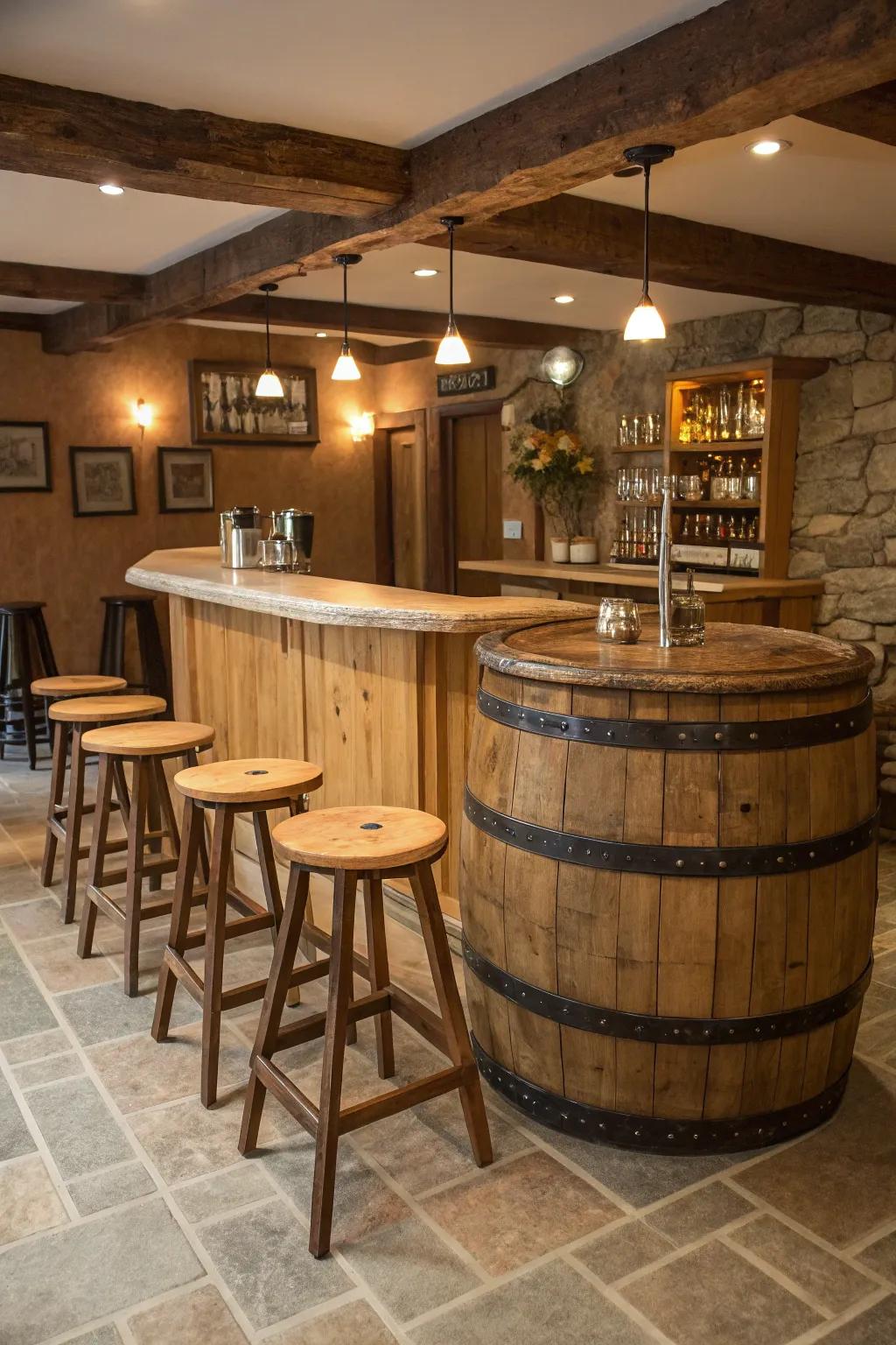 Comfortable bar stools around a silo bar inviting guests to relax.