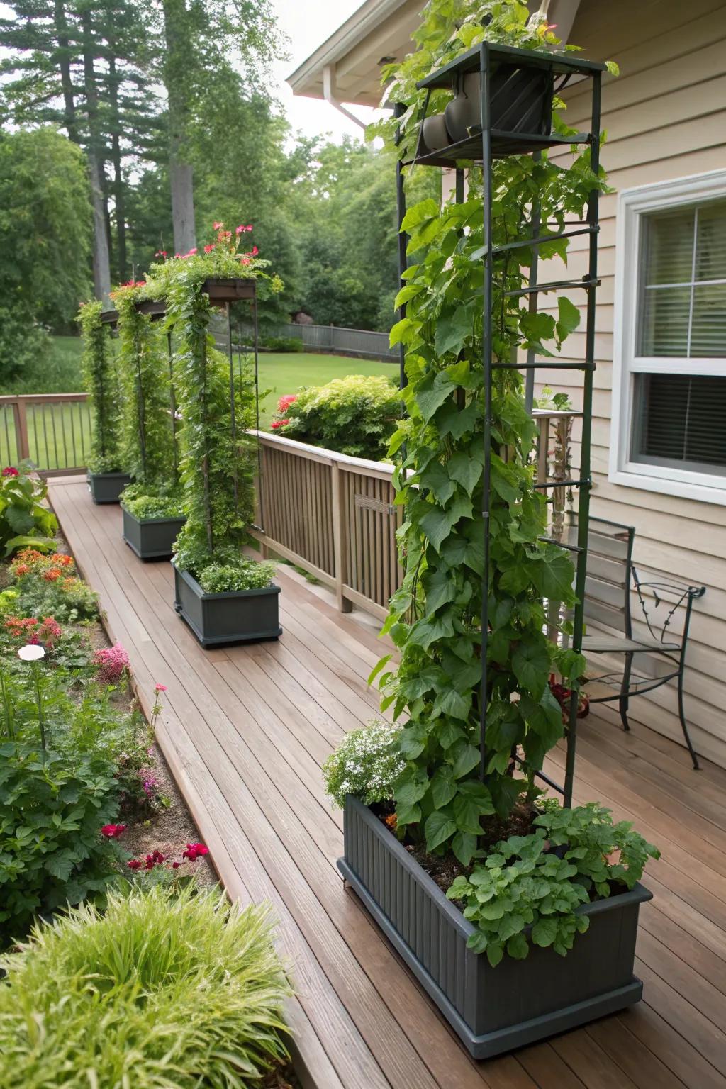 Vertical gardens add greenery and privacy to small deck spaces.