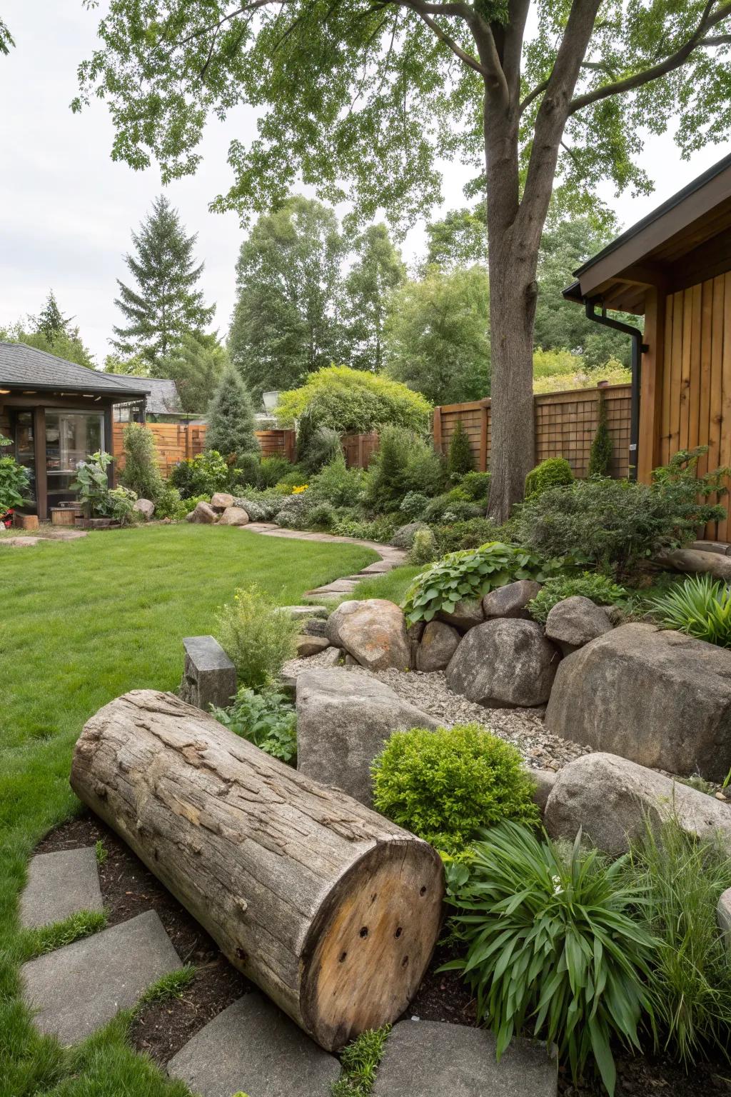 Natural elements like rocks and logs add rustic charm to any backyard.