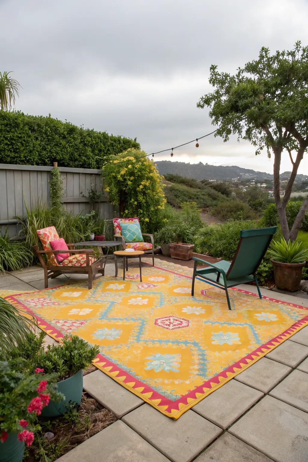 An outdoor rug adds color and comfort to a patio.