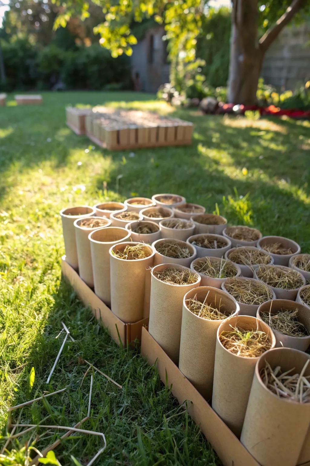 A simple bug hotel made from cardboard tubes and straw.