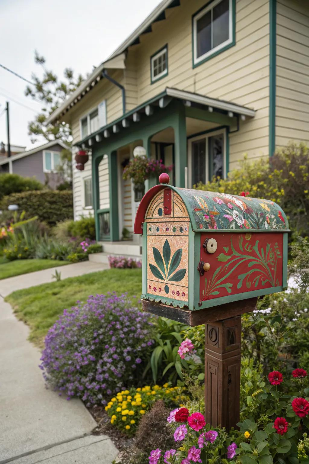 A colorful and unique mailbox enhancing curb appeal.