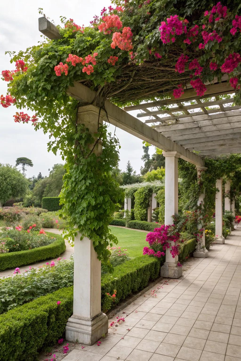 A pergola beautifully adorned with climbing greenery.