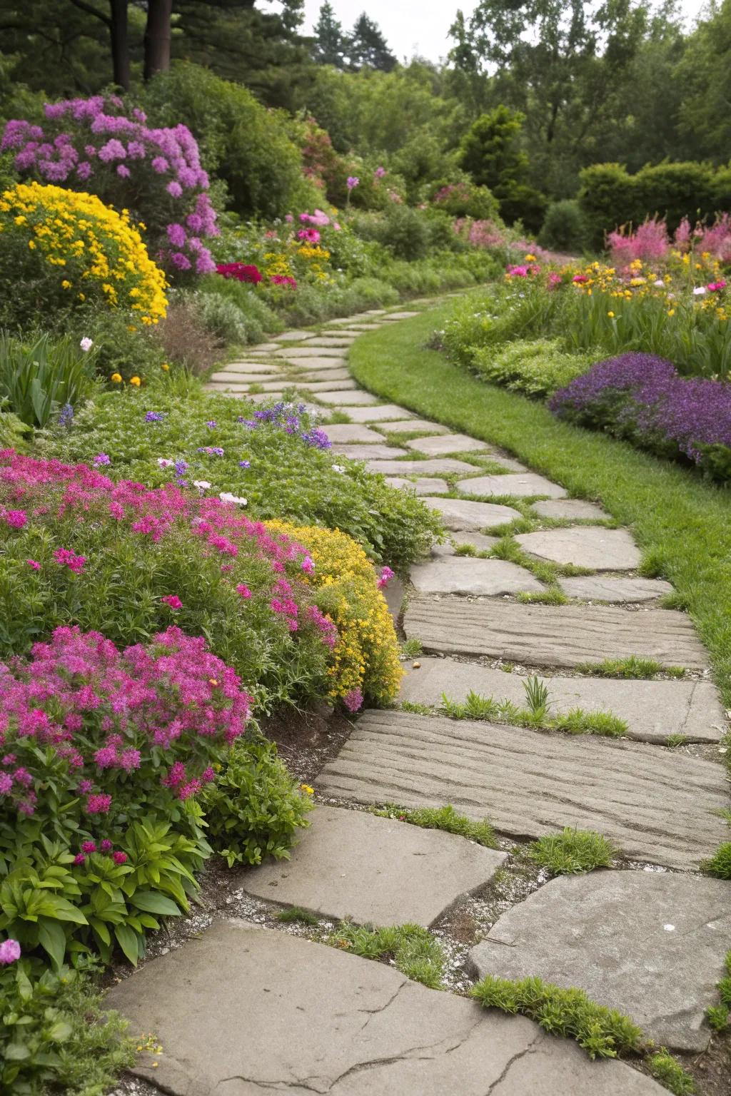 A picturesque stone path leading through a vibrant garden.