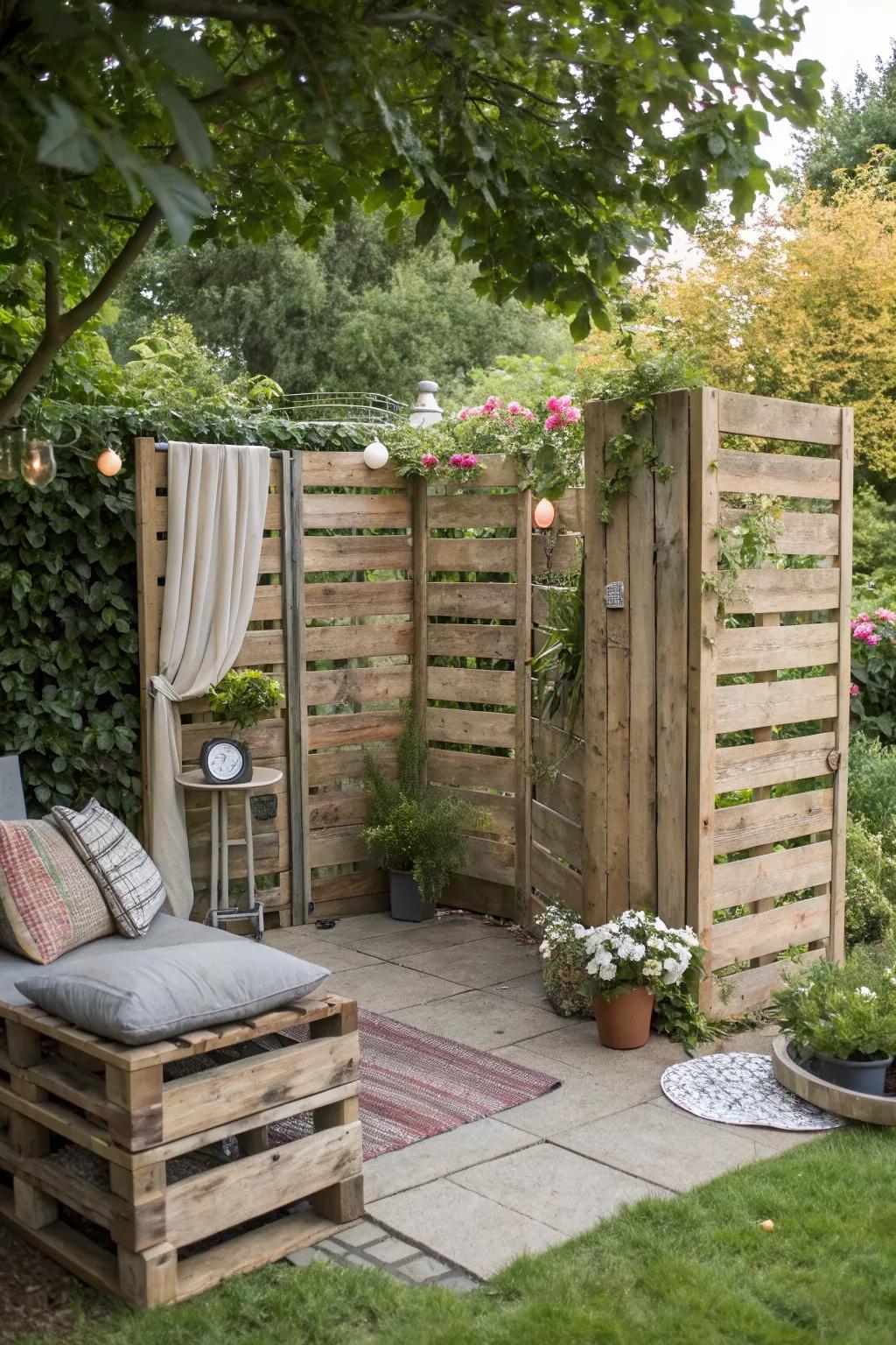 A pallet privacy screen adds style and seclusion to your garden.