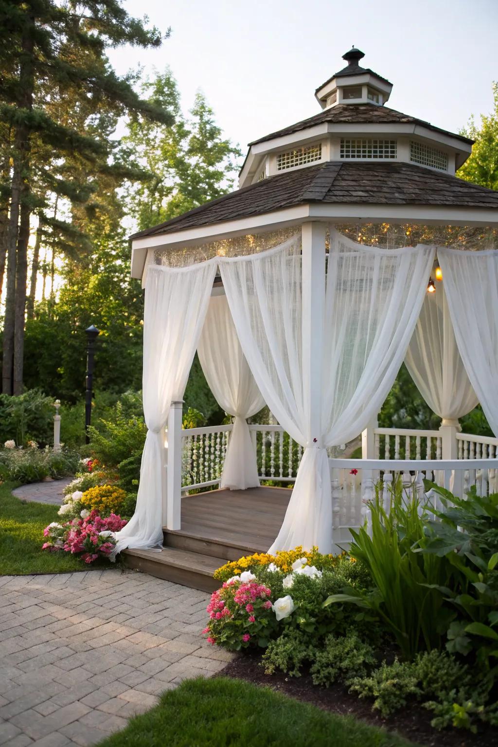 Curtains provide both privacy and an elegant touch to this gazebo.