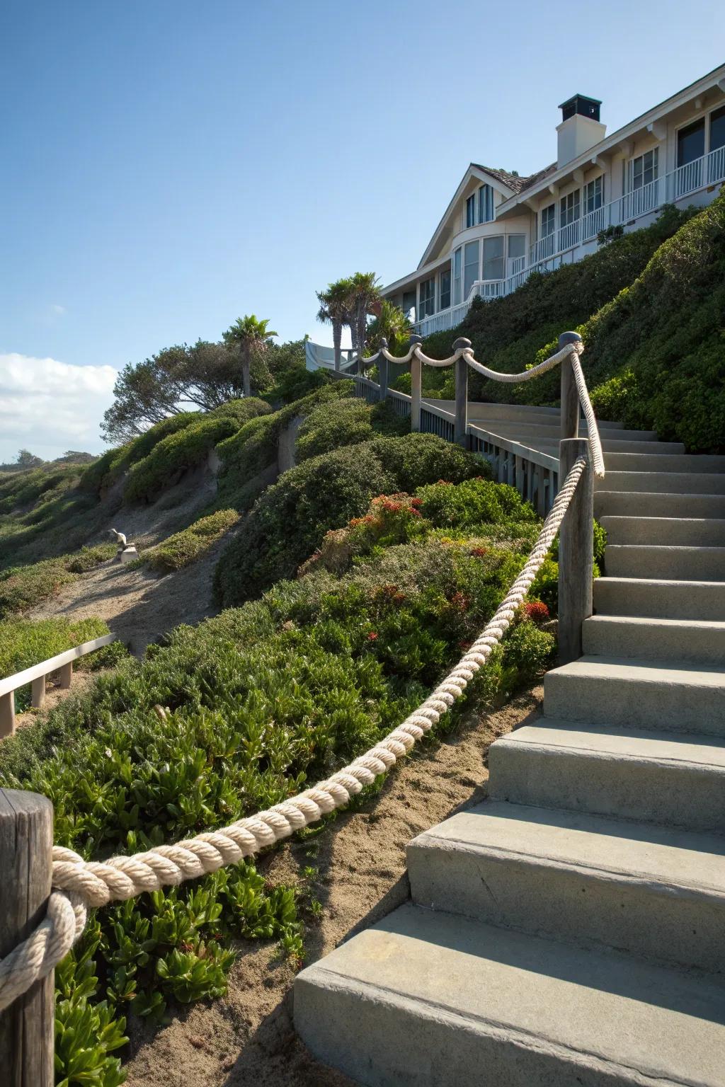 A rustic rope handrail adds a nautical touch to these concrete steps.