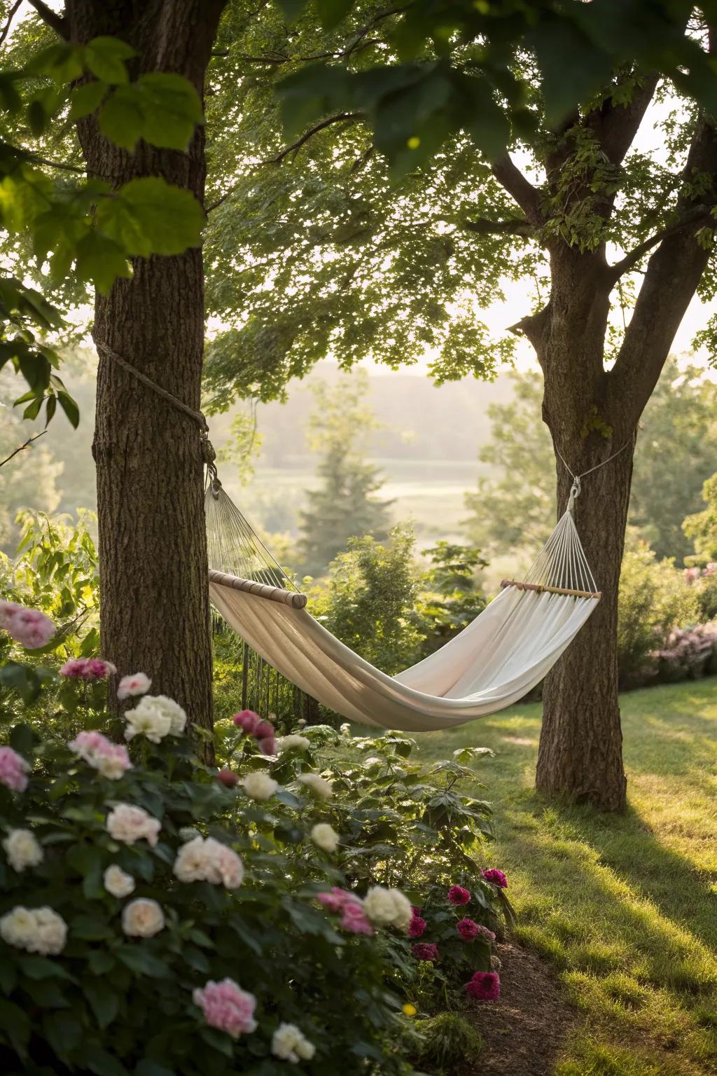 A hammock offers a perfect spot for relaxation.