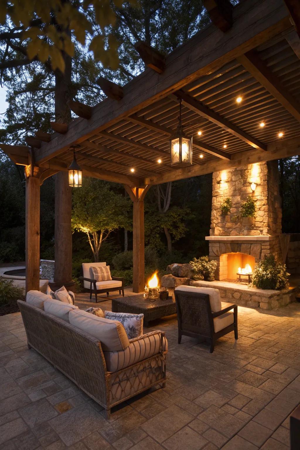 Create a cozy corner with a pergola and fireplace combo.