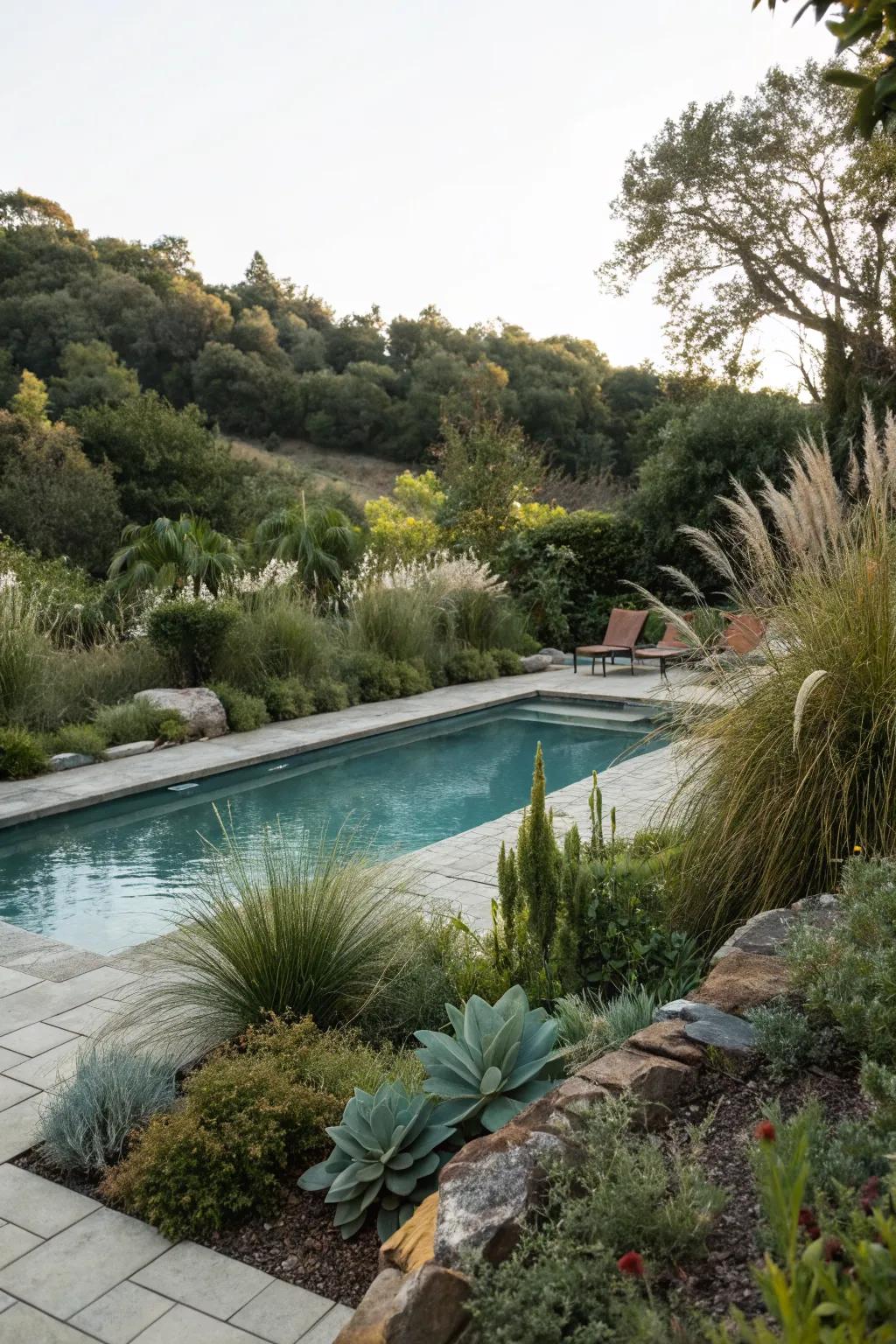 A pool area beautifully framed by easy-care landscaping.