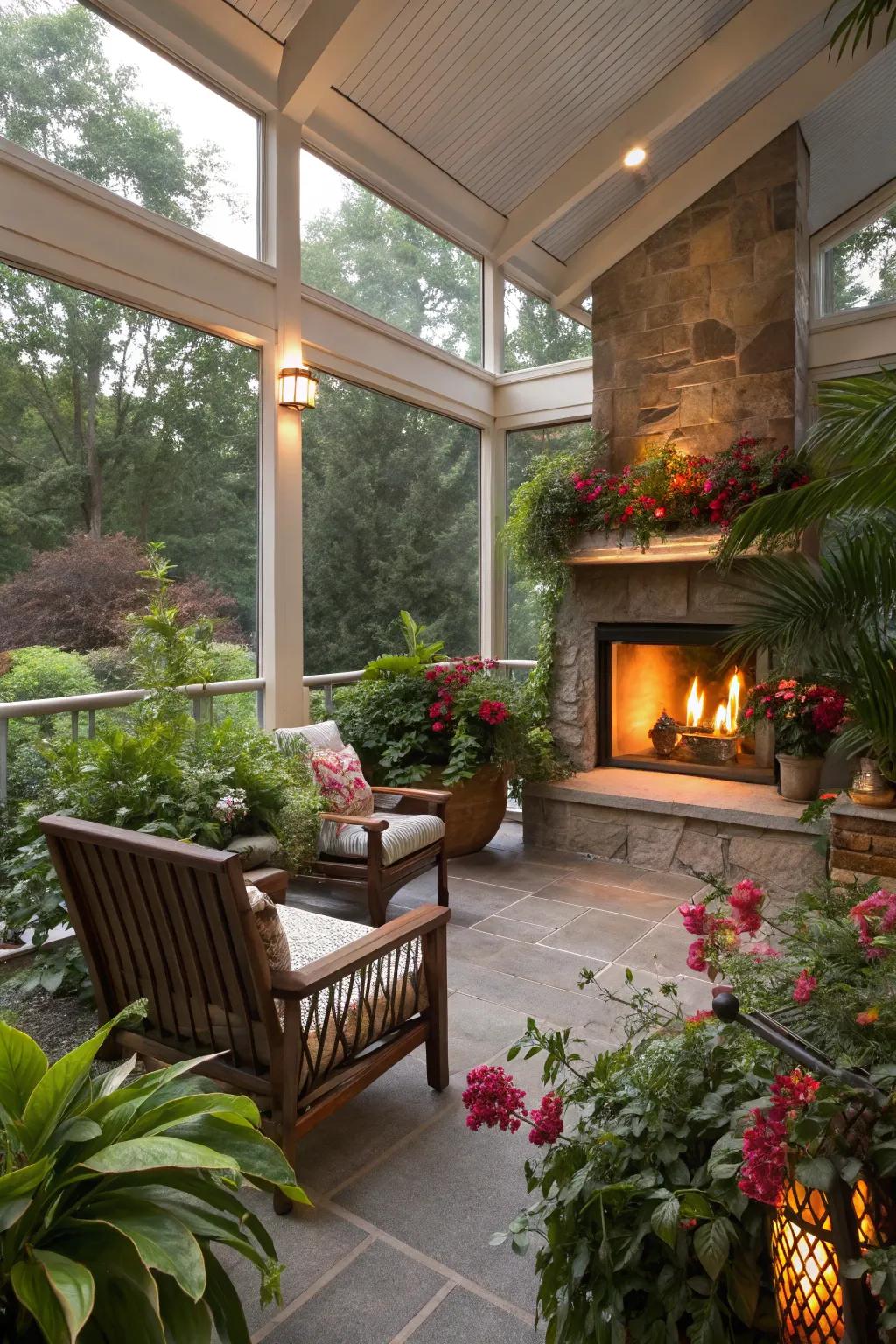 Decorative plants add a refreshing touch to this cozy screened porch.