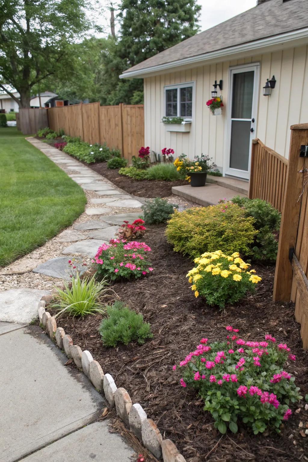 Neat and tidy appearance with mulched flower beds.