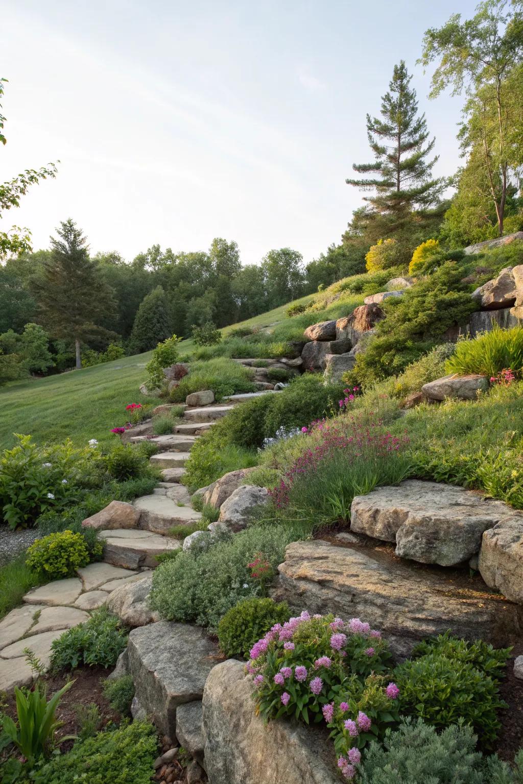 Natural rock formations managing a garden's gentle slope.