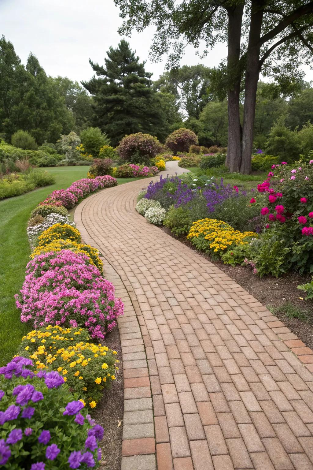 A timeless brick walkway that enhances this vibrant garden.