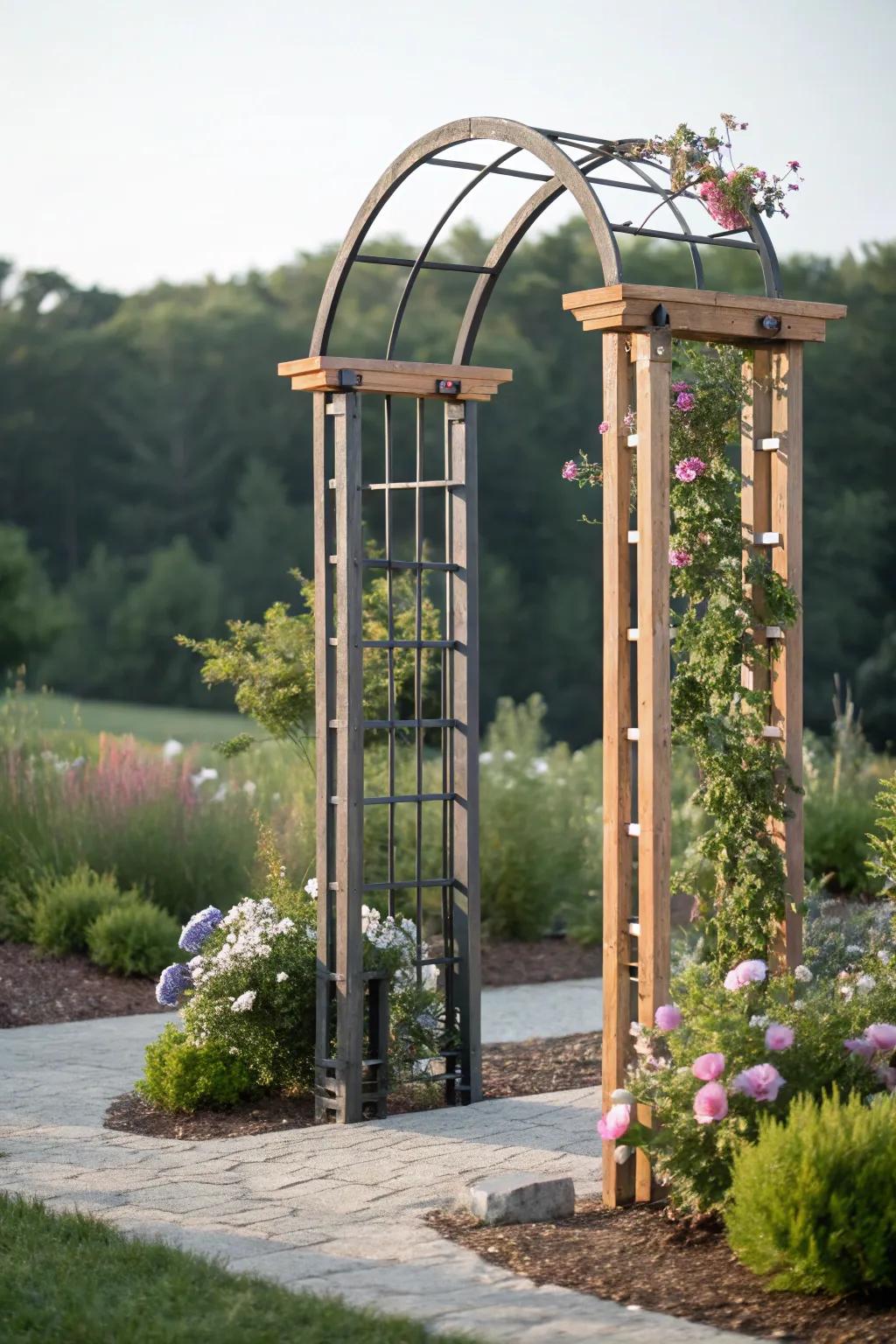 A fusion of metal and wood creates a striking and versatile arbor.