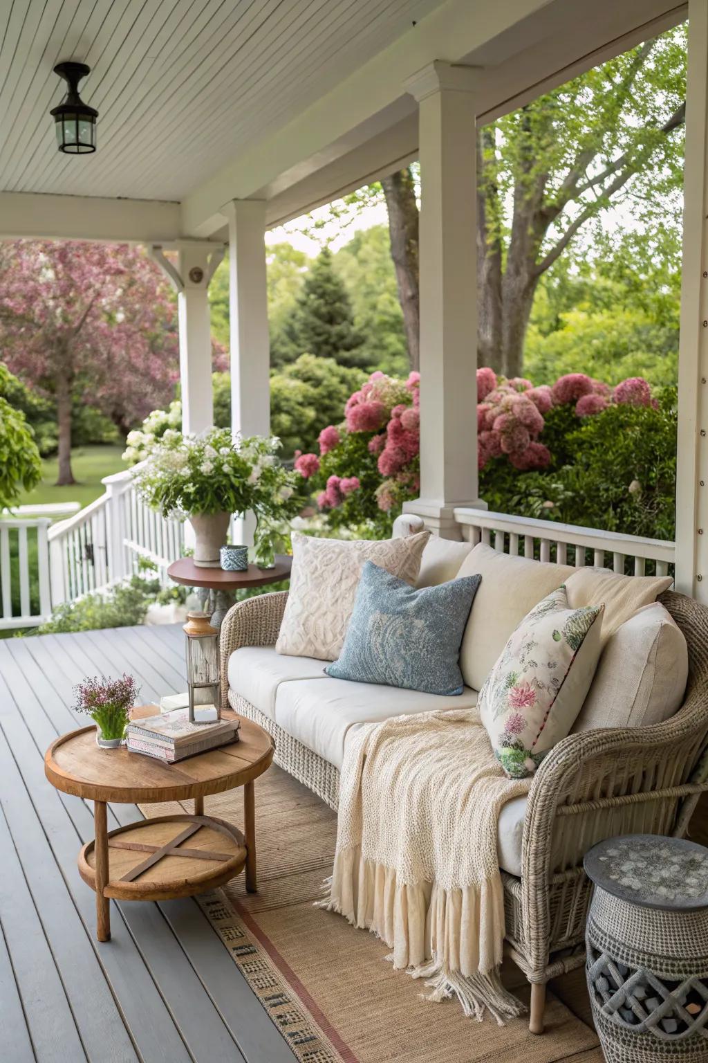 A cozy seating area on the porch invites relaxation and socializing.