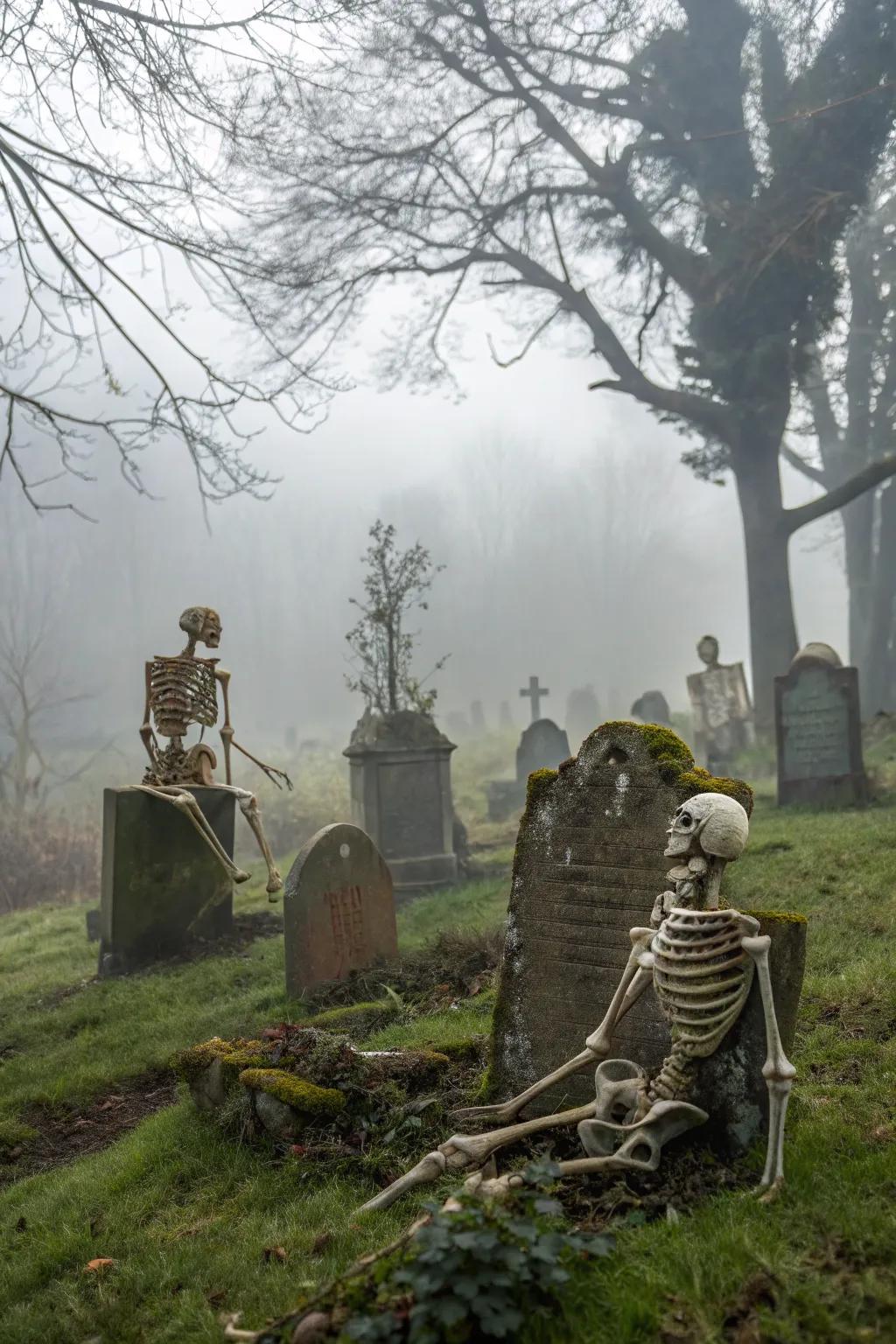 Skeletons gathered in a haunting graveyard scene, perfect for Halloween.