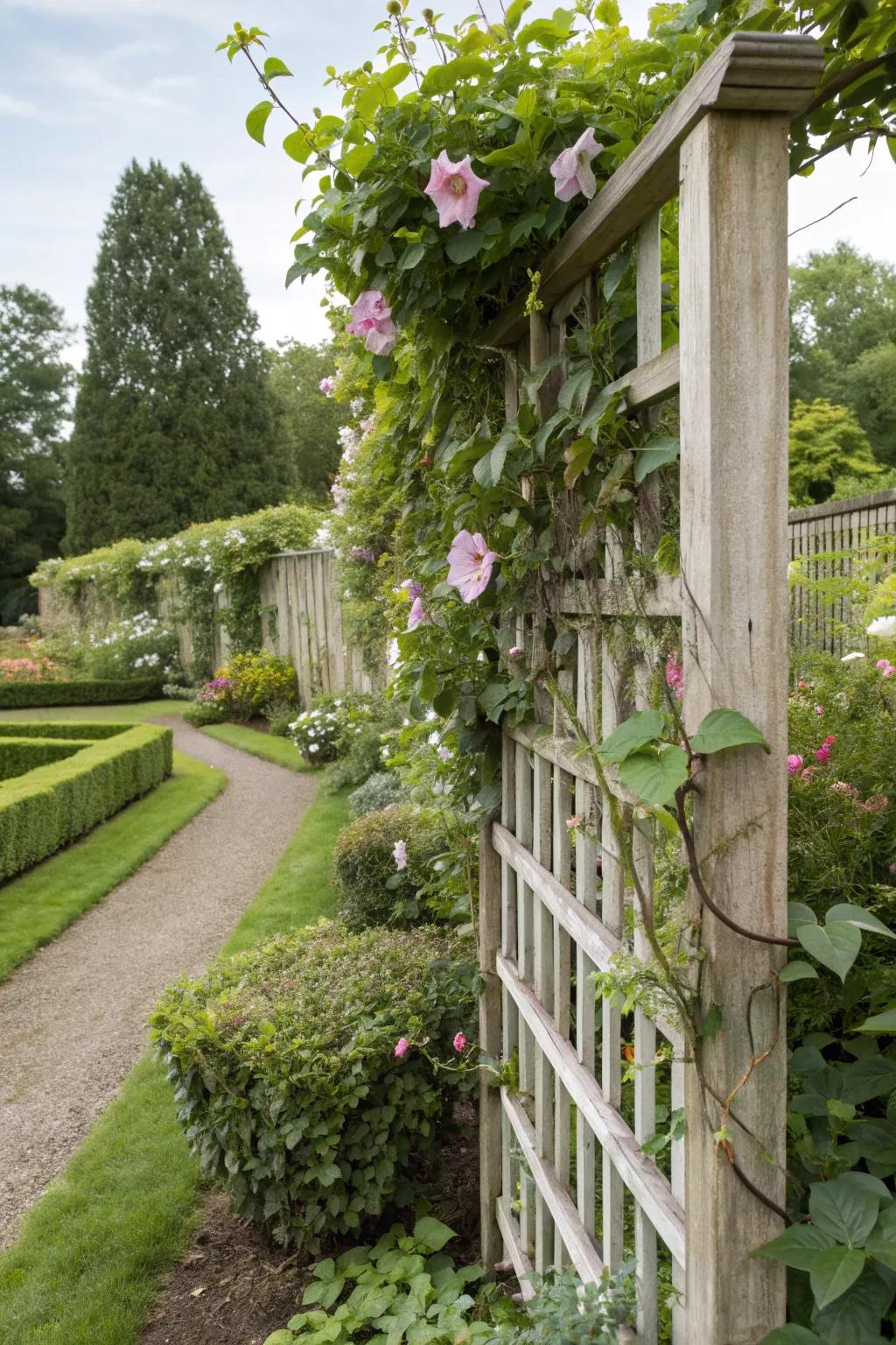 A slat fence adorned with lush climbing plants in a serene garden.
