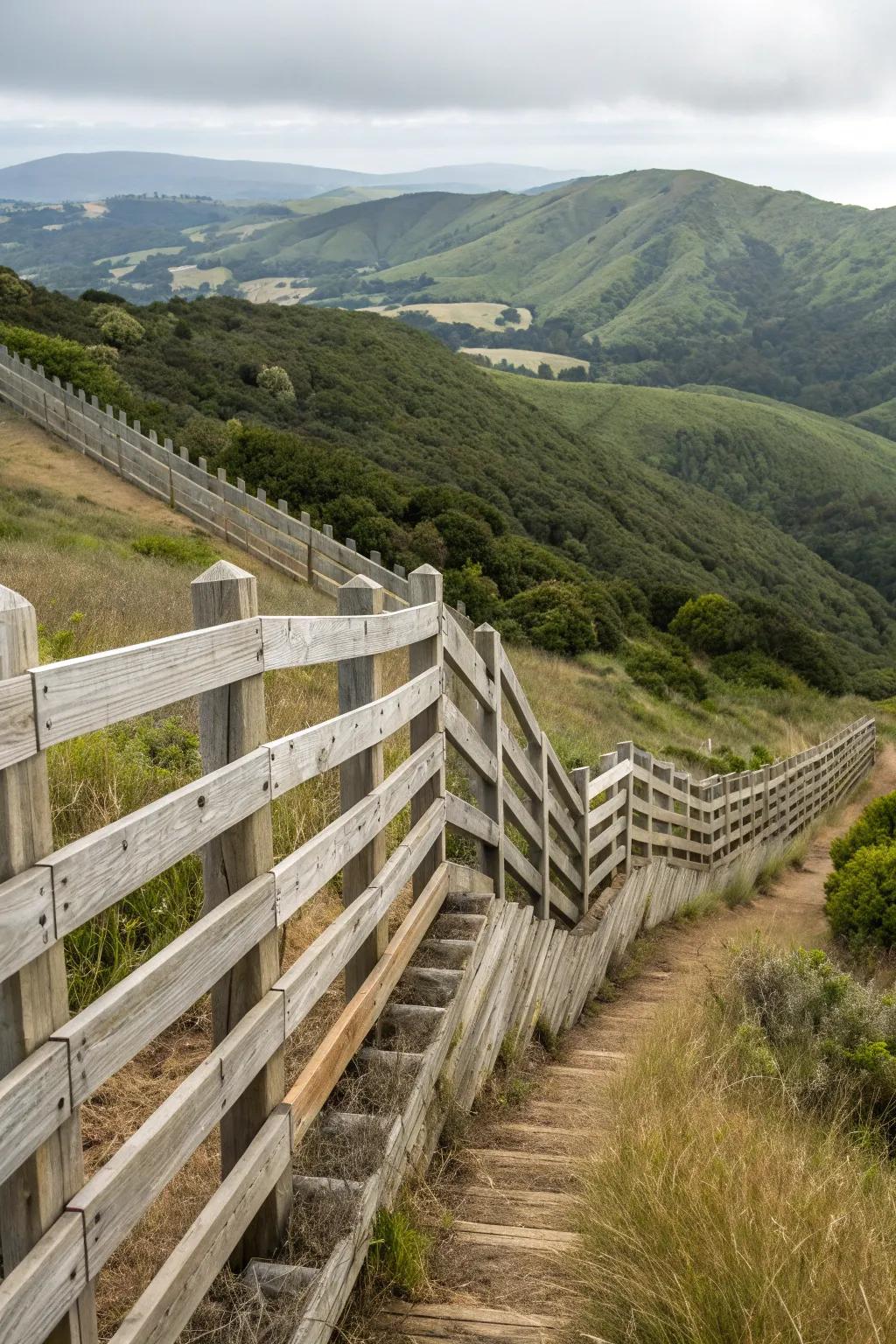 A stepped slatted fence adapting beautifully to hilly terrain.