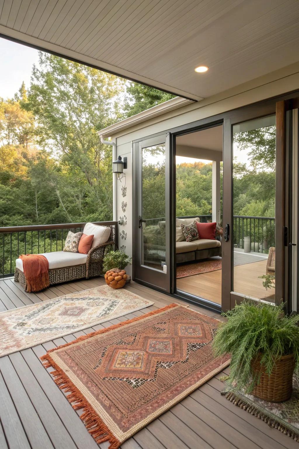 Outdoor cushions and rugs add warmth and coziness to a deck.