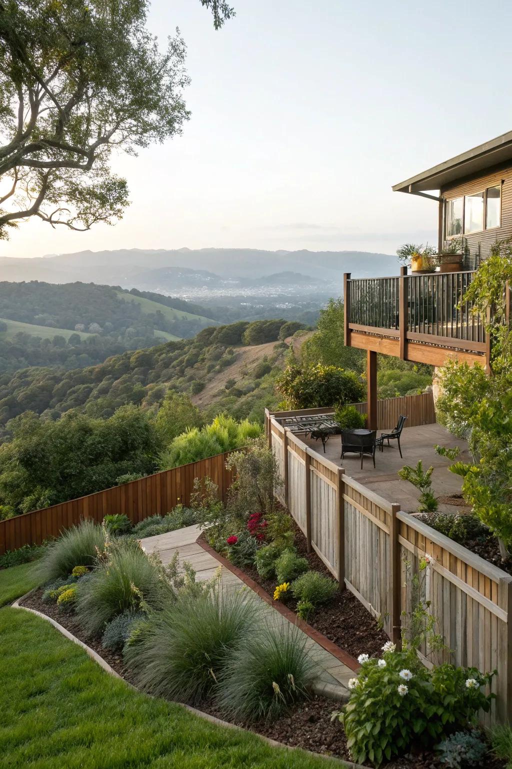 A deck on a slope offering breathtaking views and extra space.