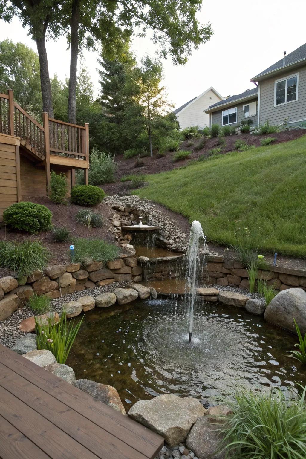 A tranquil water feature adding serenity to a sloped patio.