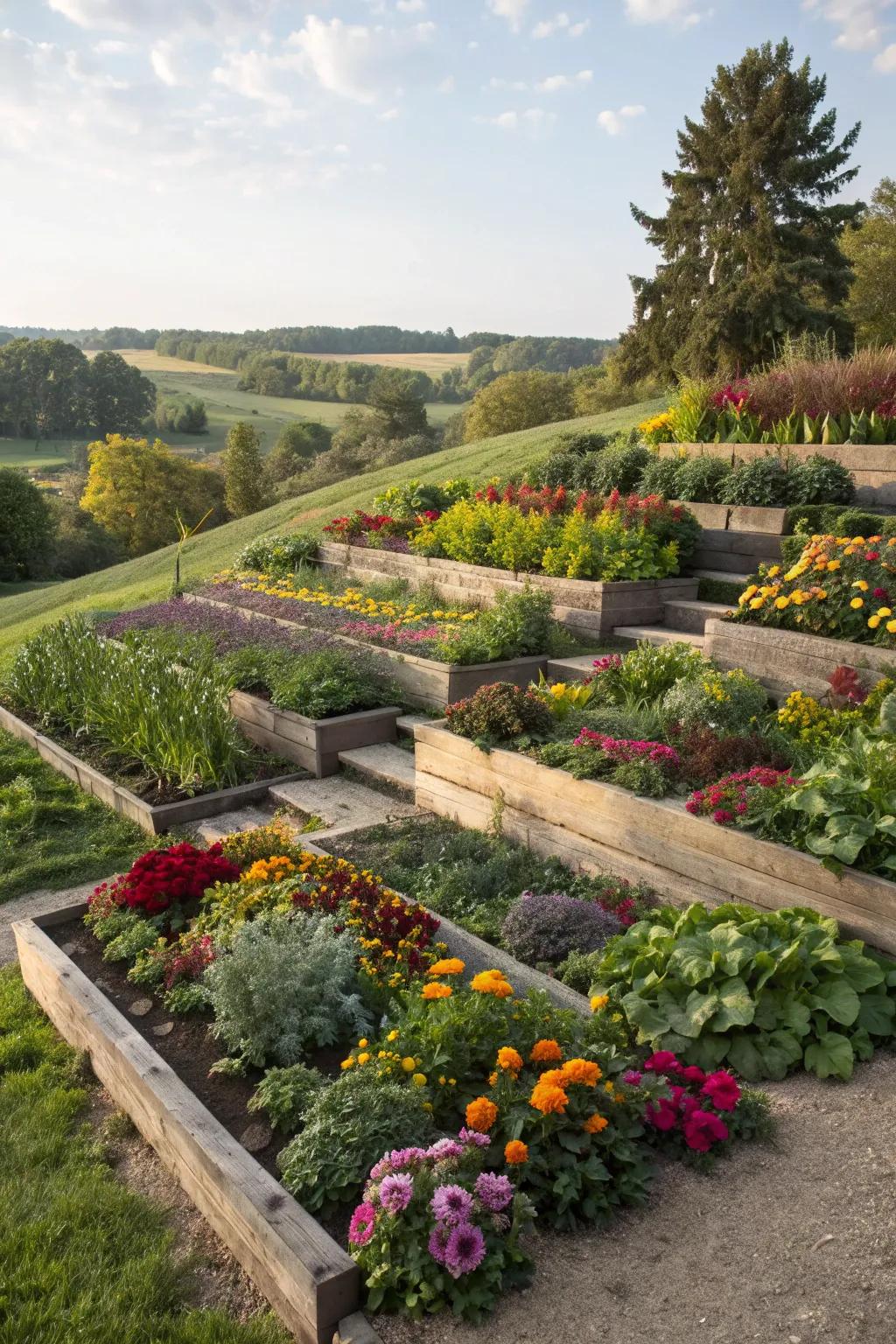 A mix of edibles and ornamentals adds variety and utility.