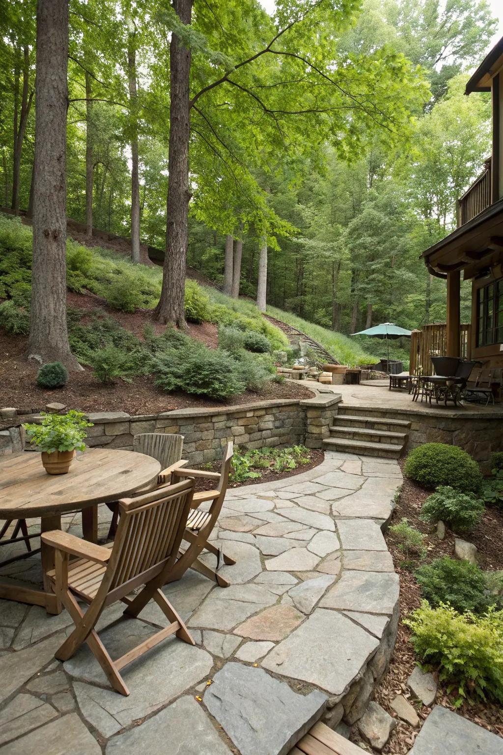 A stone patio offers a perfect spot for outdoor dining.