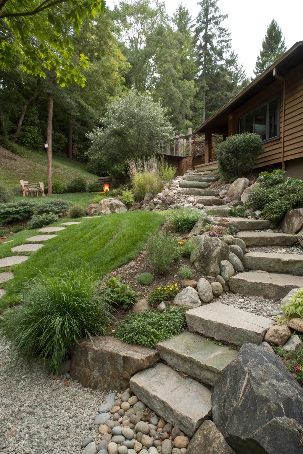 Natural stone elements can enhance the rustic appeal of a sloped landscape.