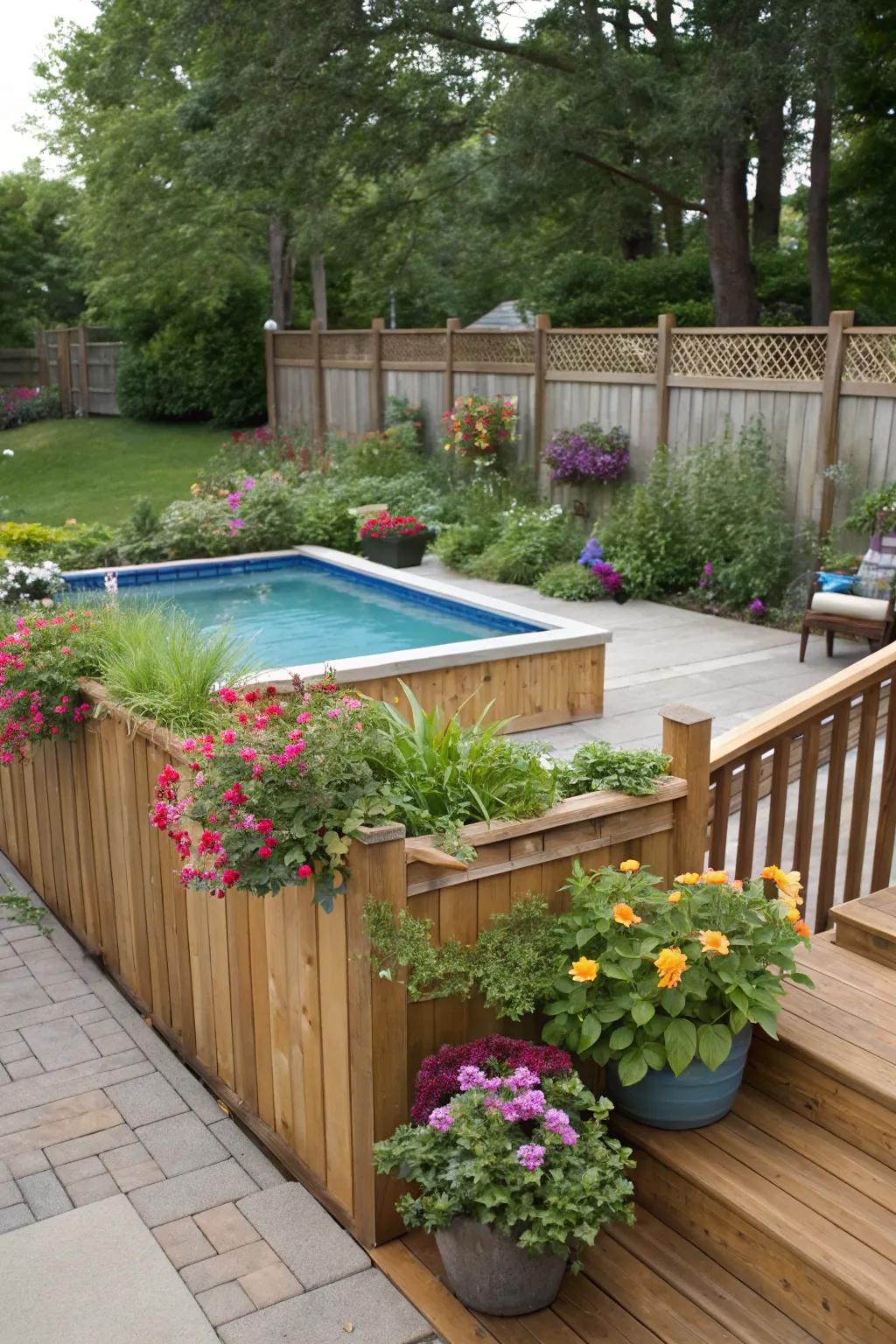 Integrated landscape features enhance the beauty of pool decks.
