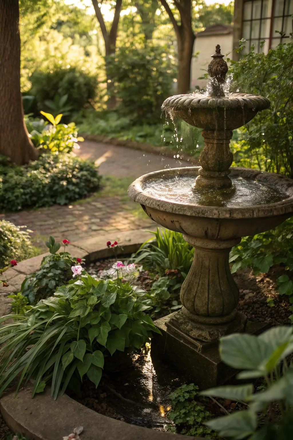 A compact tabletop fountain adds tranquility to a small garden.