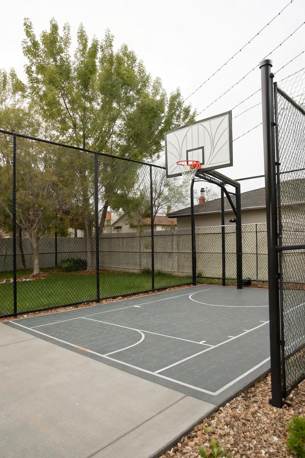 A secure basketball court with safety fencing