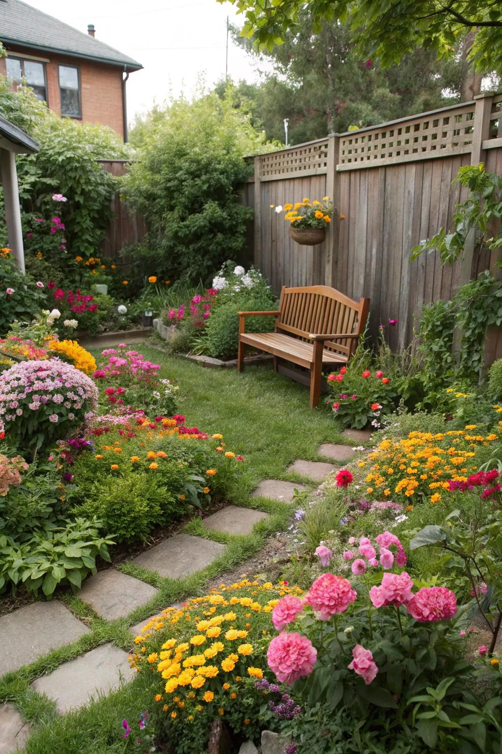 A cozy bench nestled among vibrant blooms.