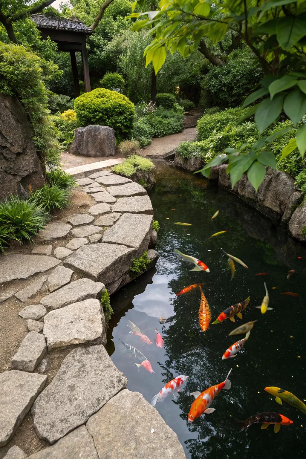 Natural stone edges enhance the pond's rustic appeal.
