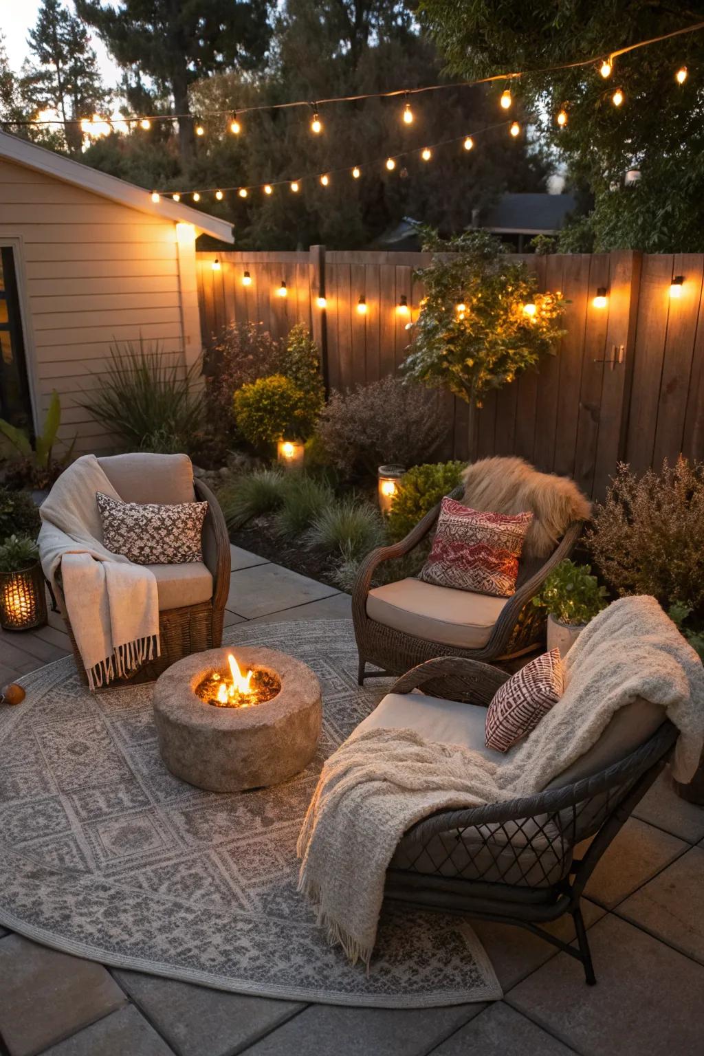 A private nook featuring a cozy fire pit and plush seating.