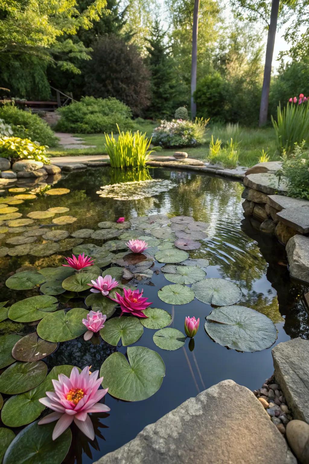 A serene pond adorned with vibrant water lilies.