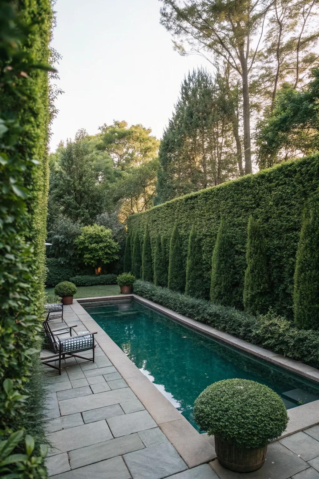 Tall hedges create a private, secluded feel for a small backyard pool.