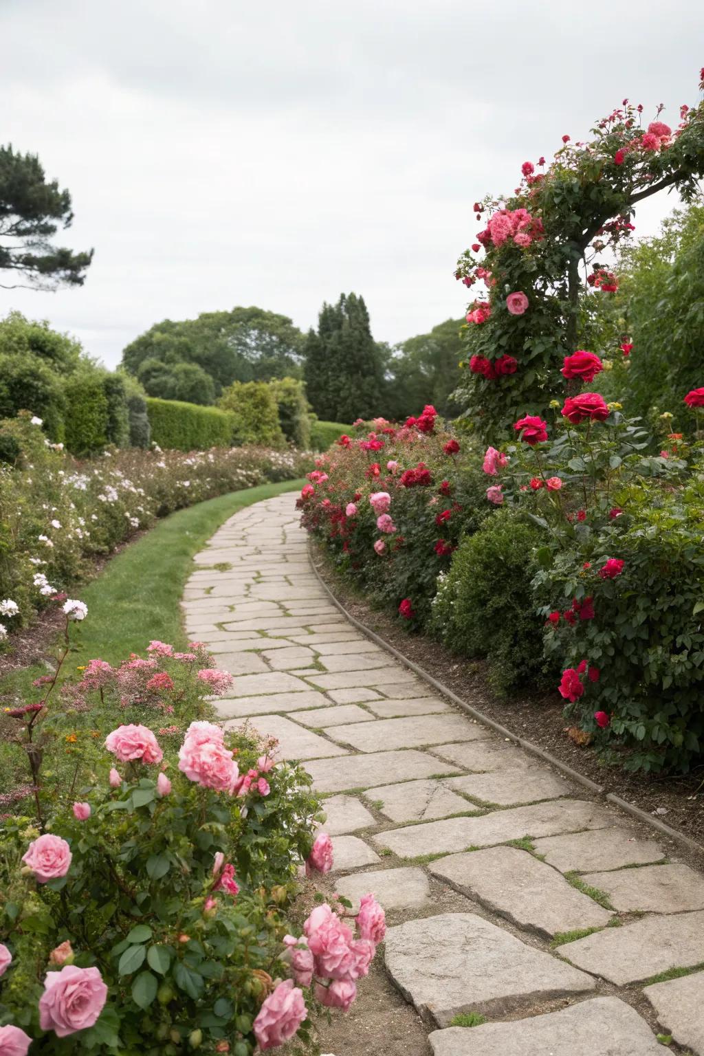 Stone paths create a whimsical journey through your rose garden.