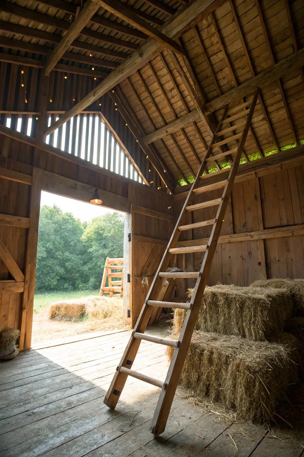 A cozy loft space within a small barn, perfect for storage or retreat.