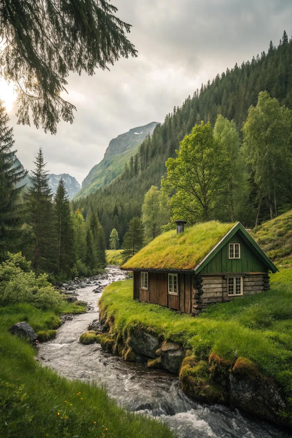 A cabin featuring an eco-friendly and visually stunning green roof.