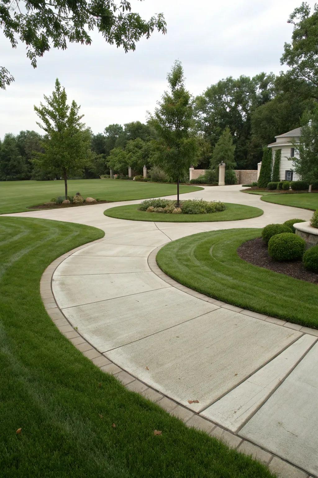 Grass medians provide a lush touch to a structured driveway.