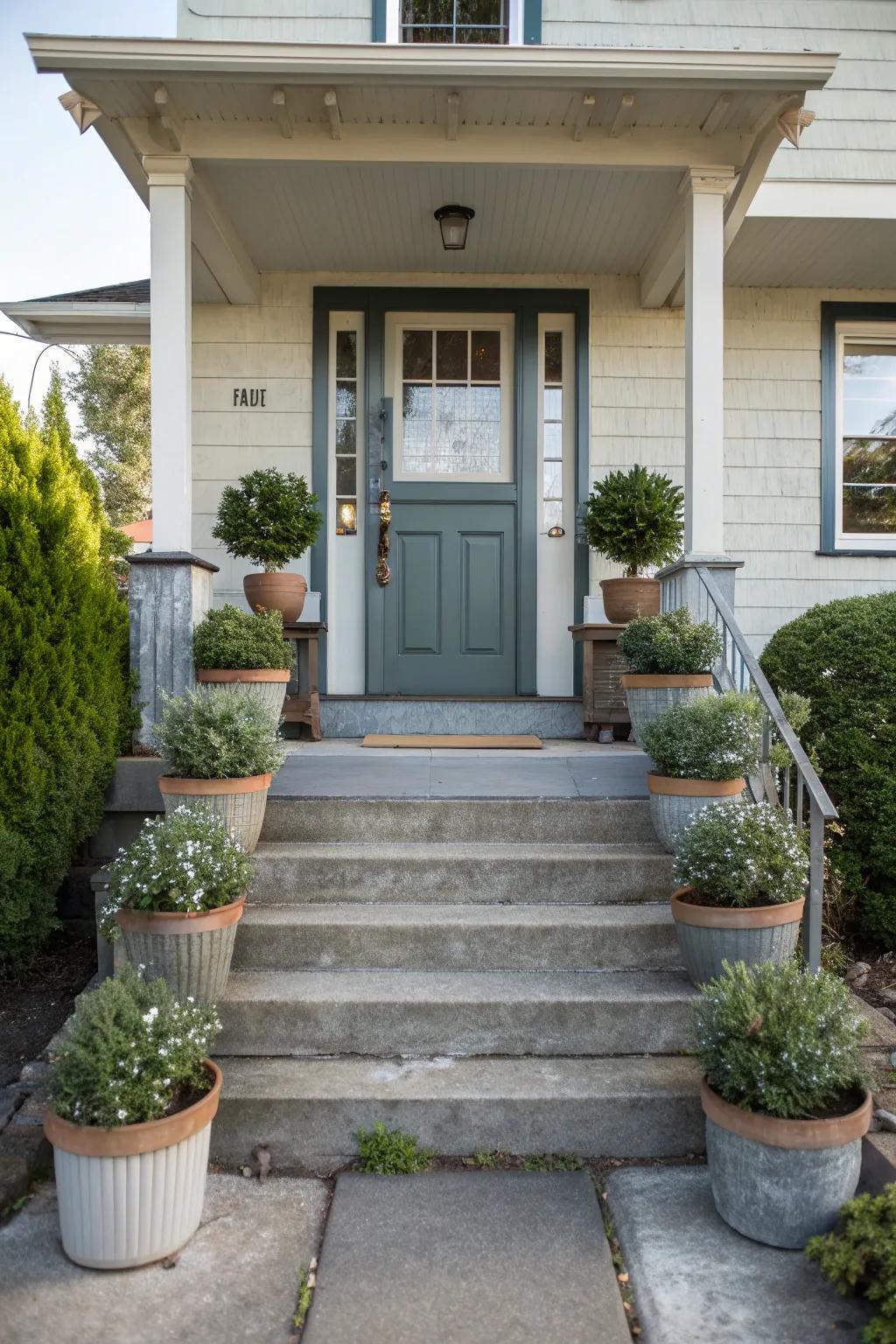 A small concrete porch with symmetrical plant arrangements.
