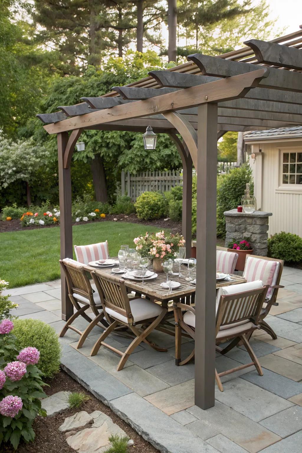 A pergola dining area makes outdoor meals a delightful experience.