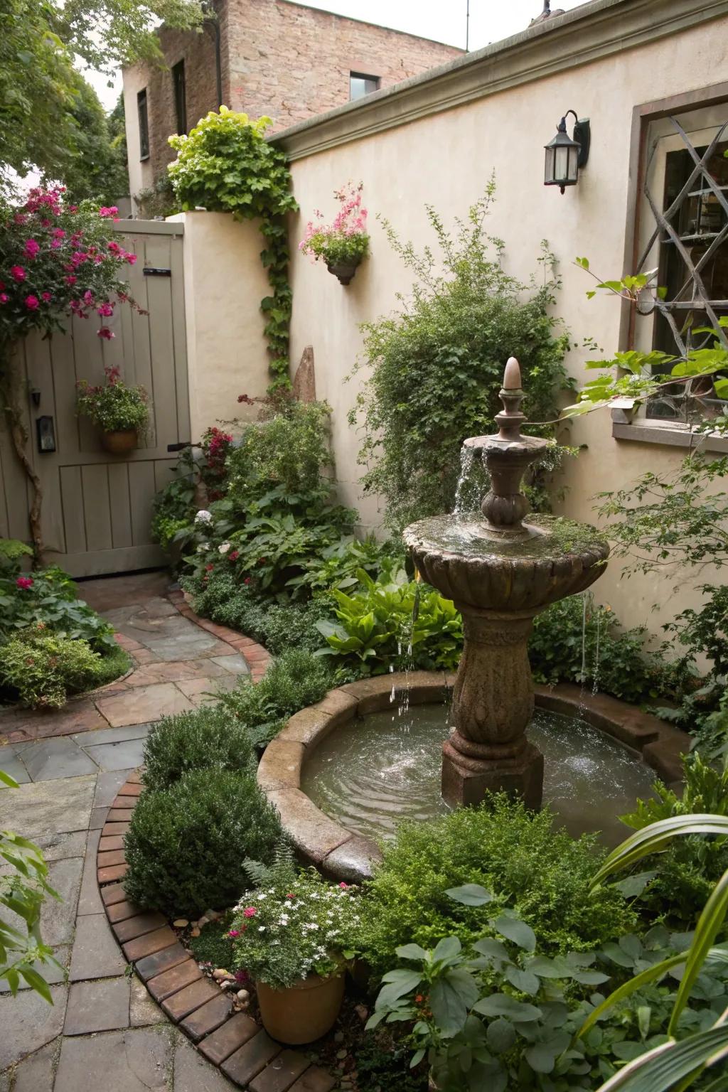 A water feature adds tranquility and elegance to a small courtyard.