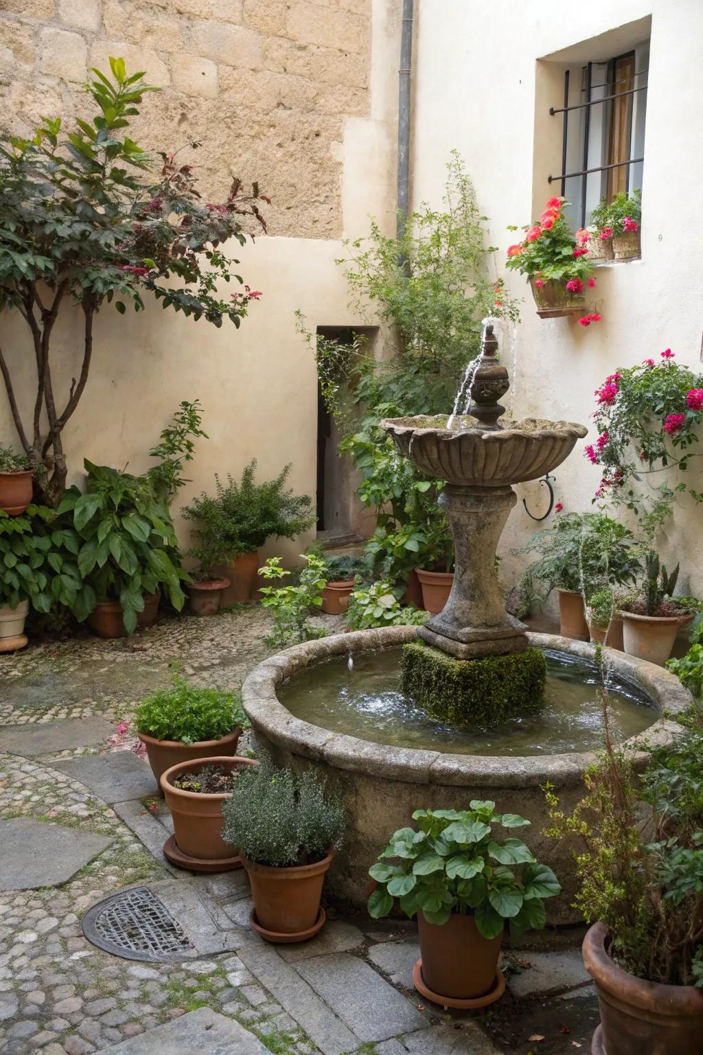 A vibrant green oasis with a fountain and diverse potted plants.