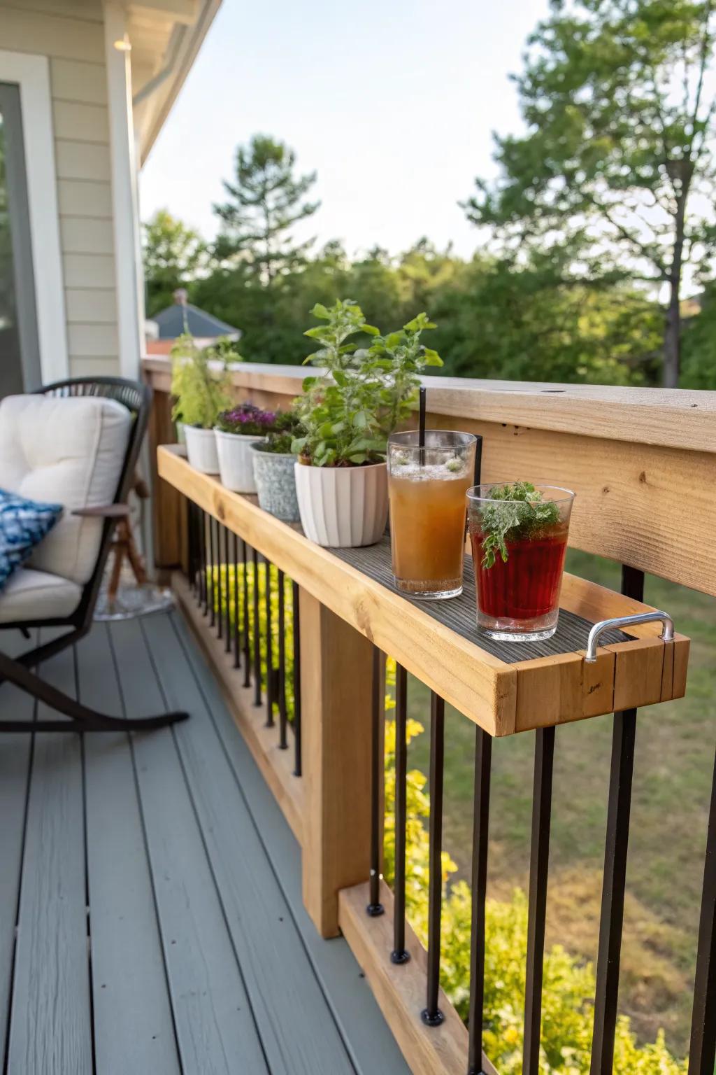 A drink rail is a clever addition for practicality and style.