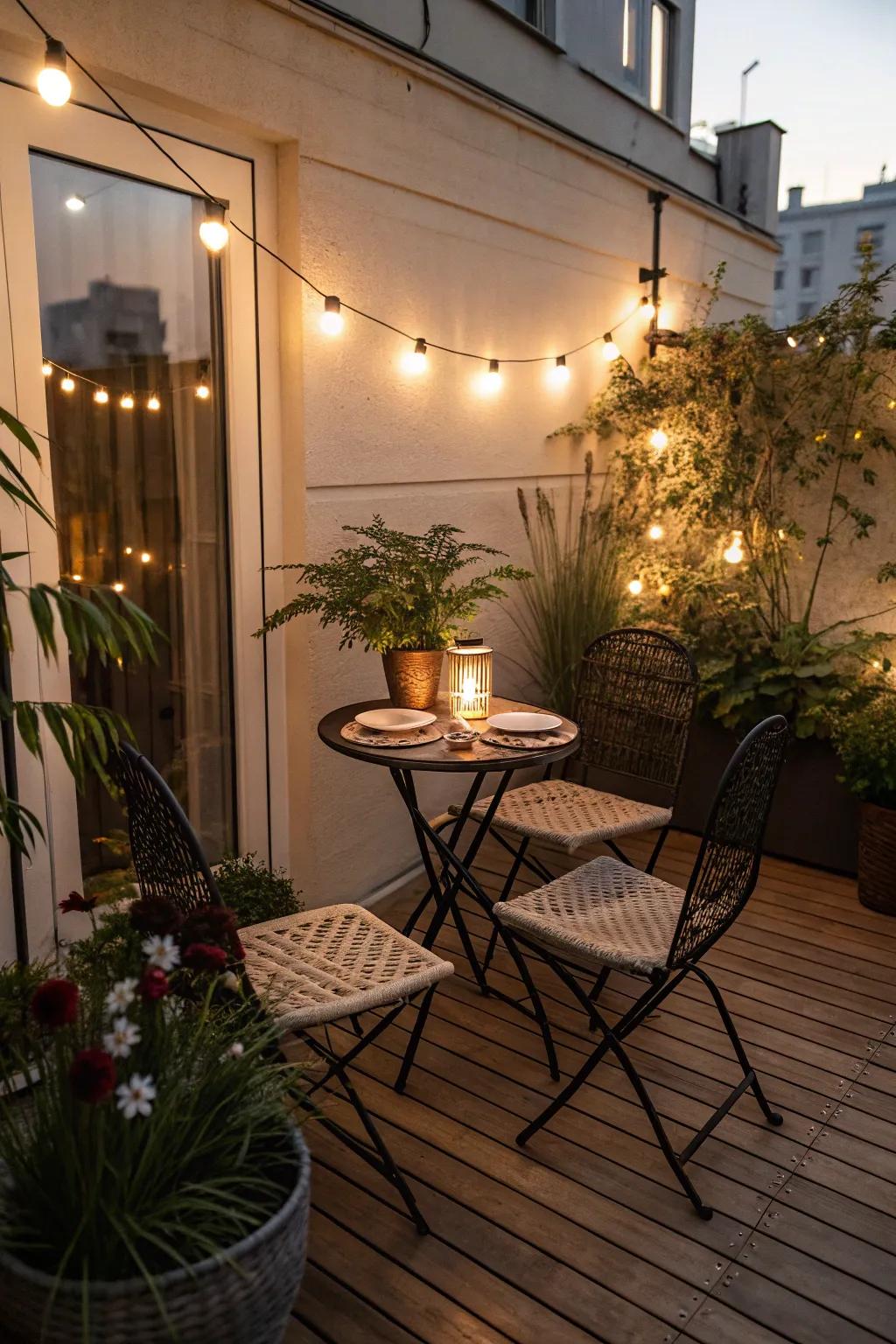 A bistro set creates a cozy dining spot on your deck.