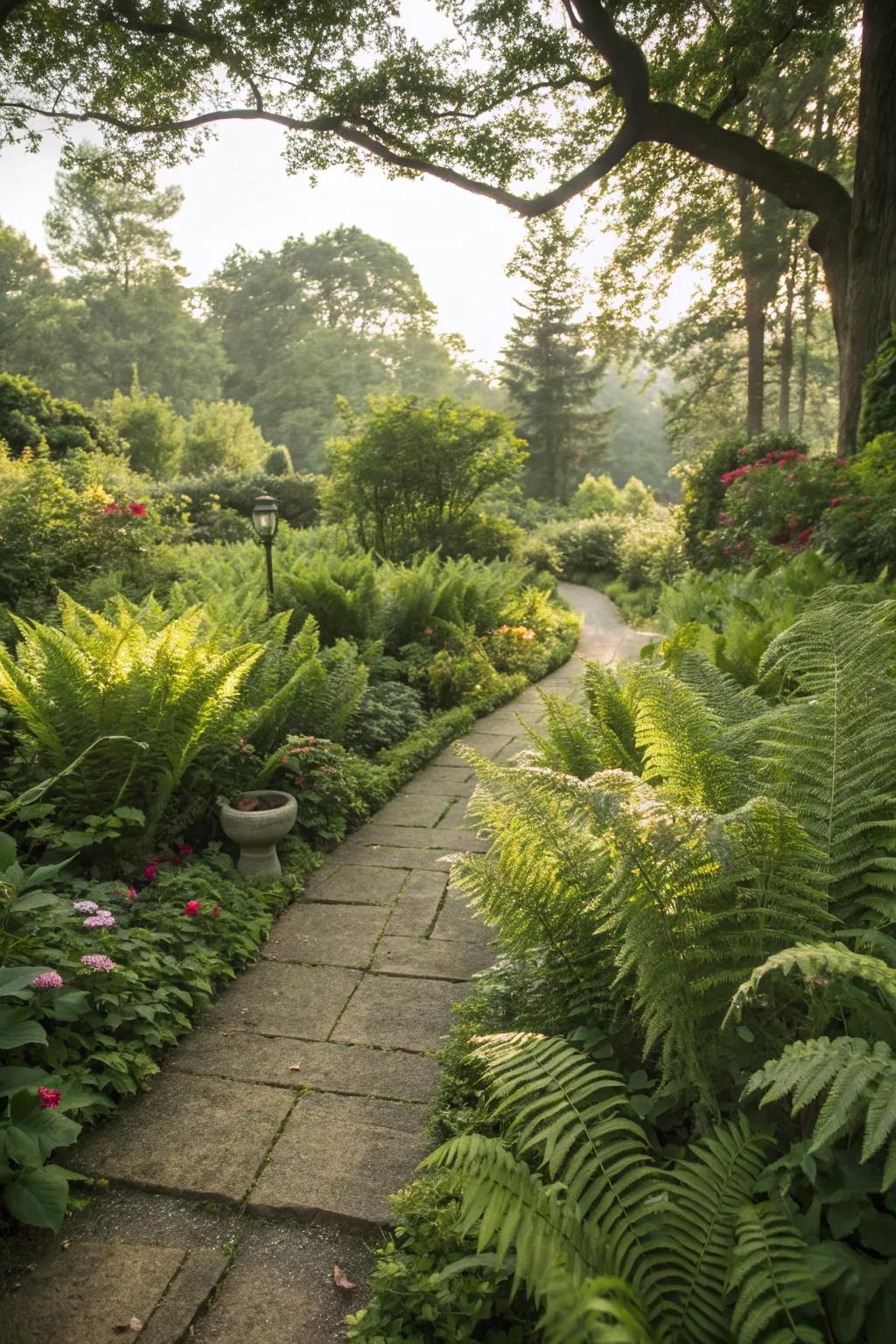 Ferns creating lush borders around a garden space.