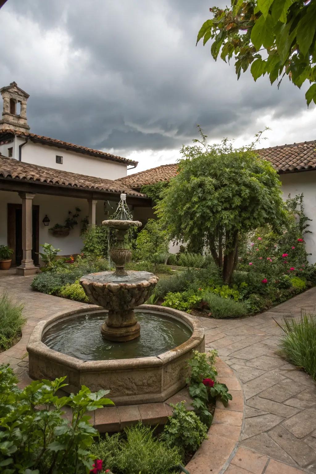 Serene courtyard with a charming water feature.
