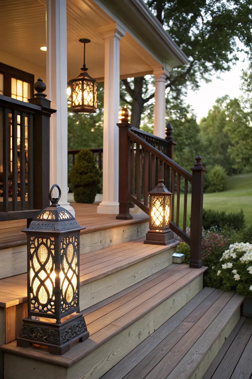 Stylish lighting enhances the porch's evening ambiance